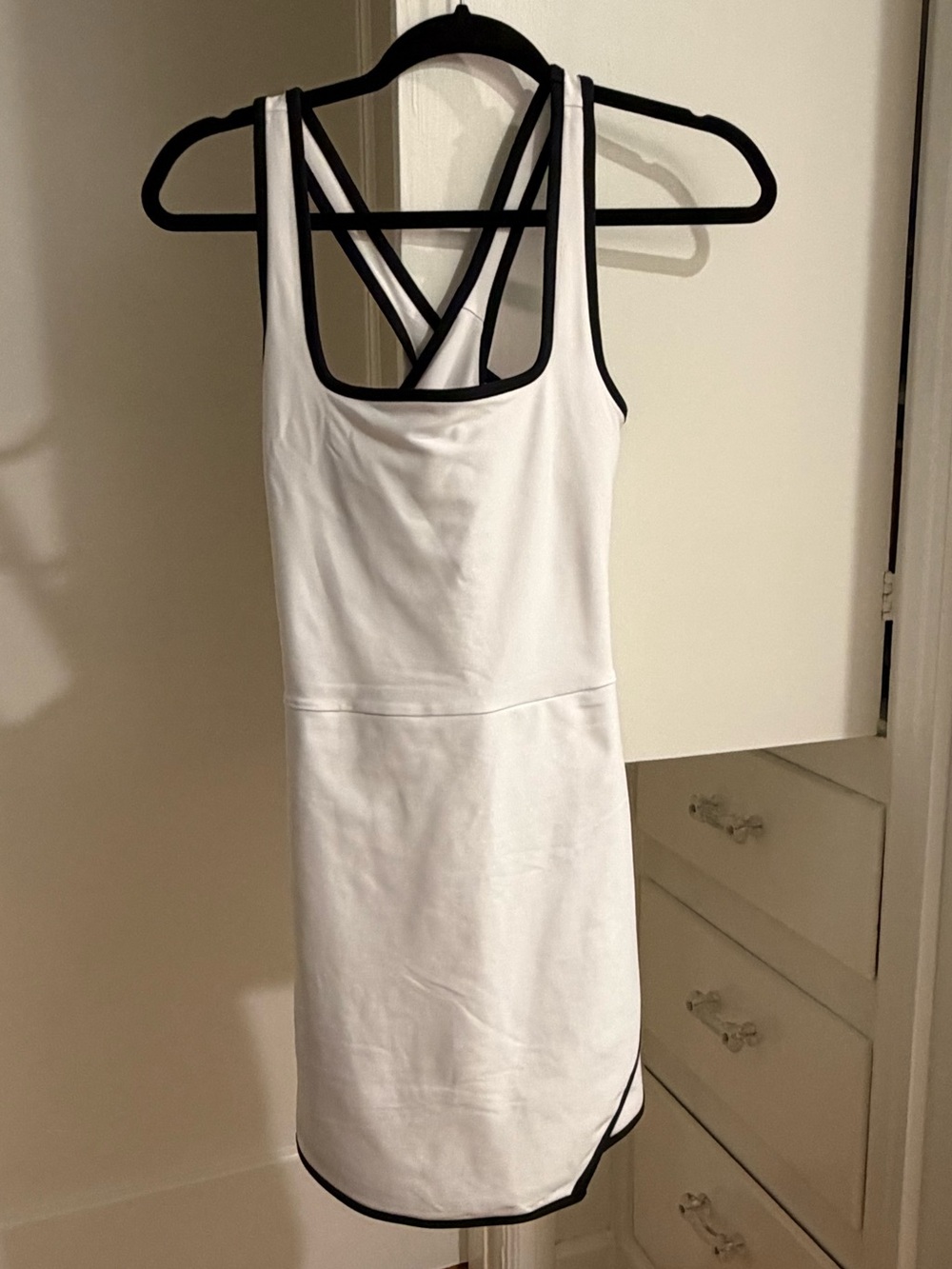 White Mini Dress with Black Trim and Strappy Back